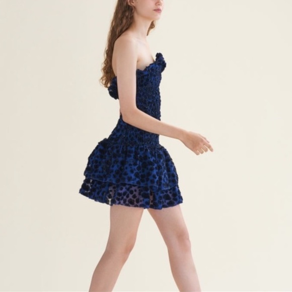 Maje Raziel Leopard Strapless Mini Dress Blue Ruffle Tiered Y2K Gala Hoco Prom 2 - Picture 2 of 16